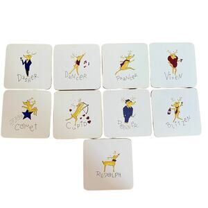 Pottery Barn Santa’s Reindeer Coasters Cork Backed Christmas Holiday Set of 9